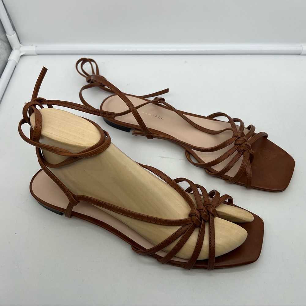 LOEFFLER RANDALL Lorelai Cognac Leather Open Toe Ankle Wrap Flat Sandals sz 10.5 - Picture 3 of 10